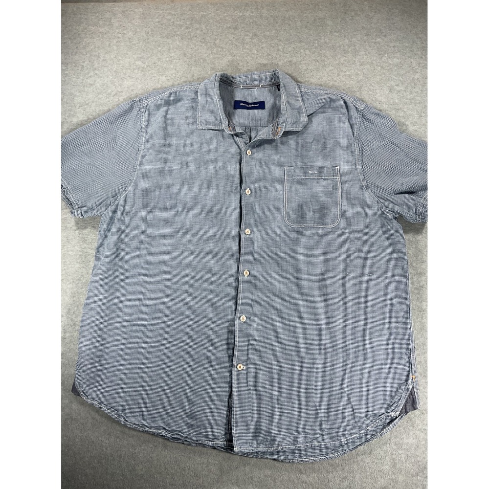 Tommy Bahama Mens XXL Blue White Gingham Linen Blend Short Sleeve Shirt 2938